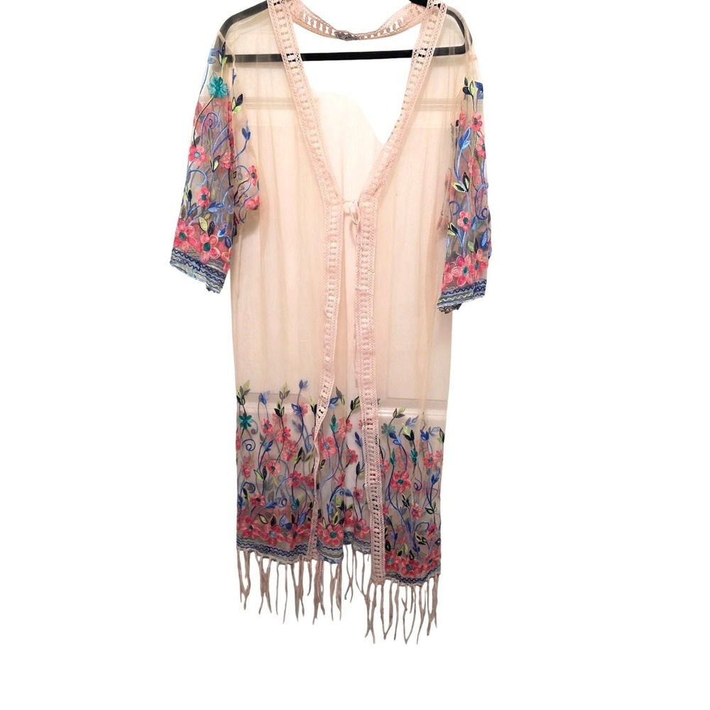 Asha Floral Embroidered Beige Kimono Fringe Hem & Half Sleeves Size S/M